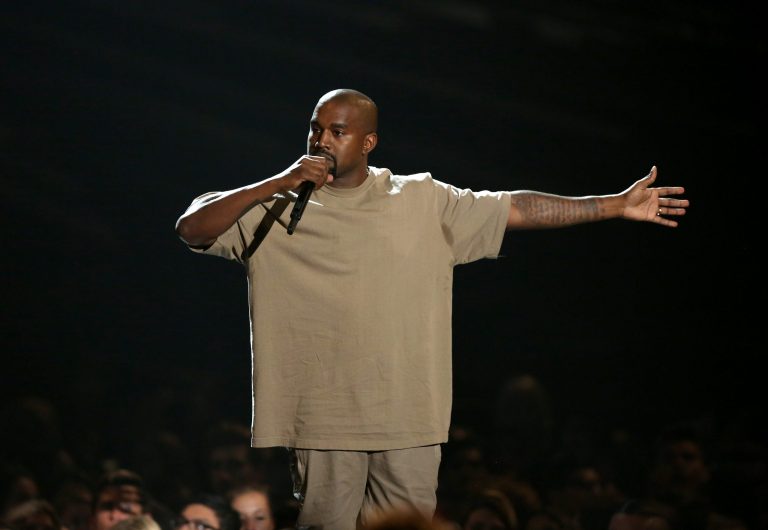 Rapper Kanye West speaks at an event in California.