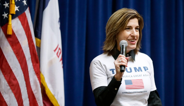 Tana Goertz, Iowa state co-chair for the Donald Trump Presidential Campaign, speaks during a Trump campaign stop in Urbandale, Iowa. 