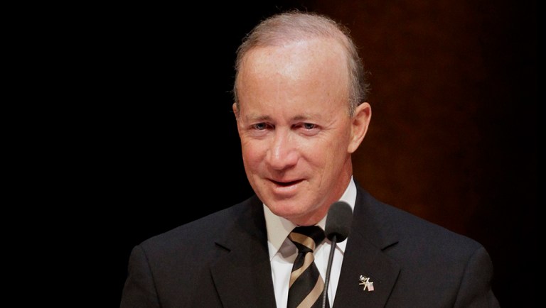 Former Indiana Gov. Mitch Daniels speaks after being named.