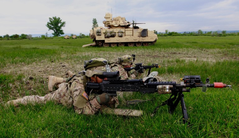 US and Georgian servicemen take part in the joint US-Georgia military exercise Noble Partner 2015 at the military base of Vaziani outside Tbilisi, Georgia, Sunday, May 17, 2015. Exercise Noble Partner is a bilateral effort focused on enhancing US and Georgian NATO Response Force interoperability in the context of military-to-military relationships, the United States Army Europe says on its website. It involves some 600 Georgian and US service members. 