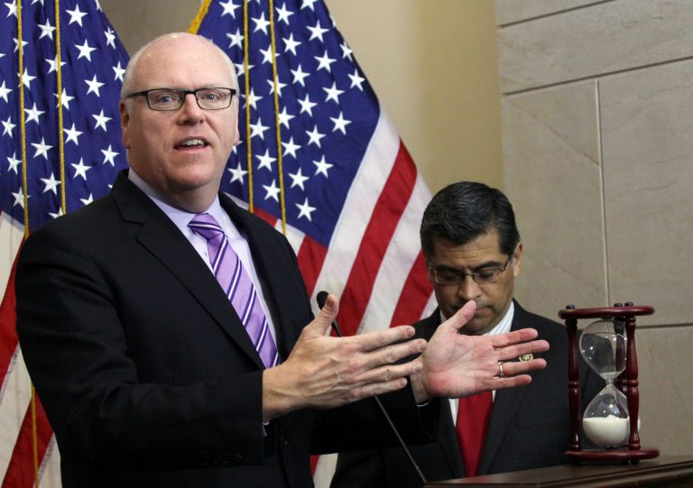 Rep. Joe Crowley, D-N.Y. left, accompanied by Rep. Xavier Becerra, D-Calif., gestures during news conference on Capitol Hill in Washington, Wednesday, February 25, 2015, to discuss Homeland Security Department funding. House Republicans reacted tepidly at best Wednesday to calls from the upper reaches of both political parties for legislation funding the Department of Homeland Security without immigration-related add-ons opposed by the White House. 