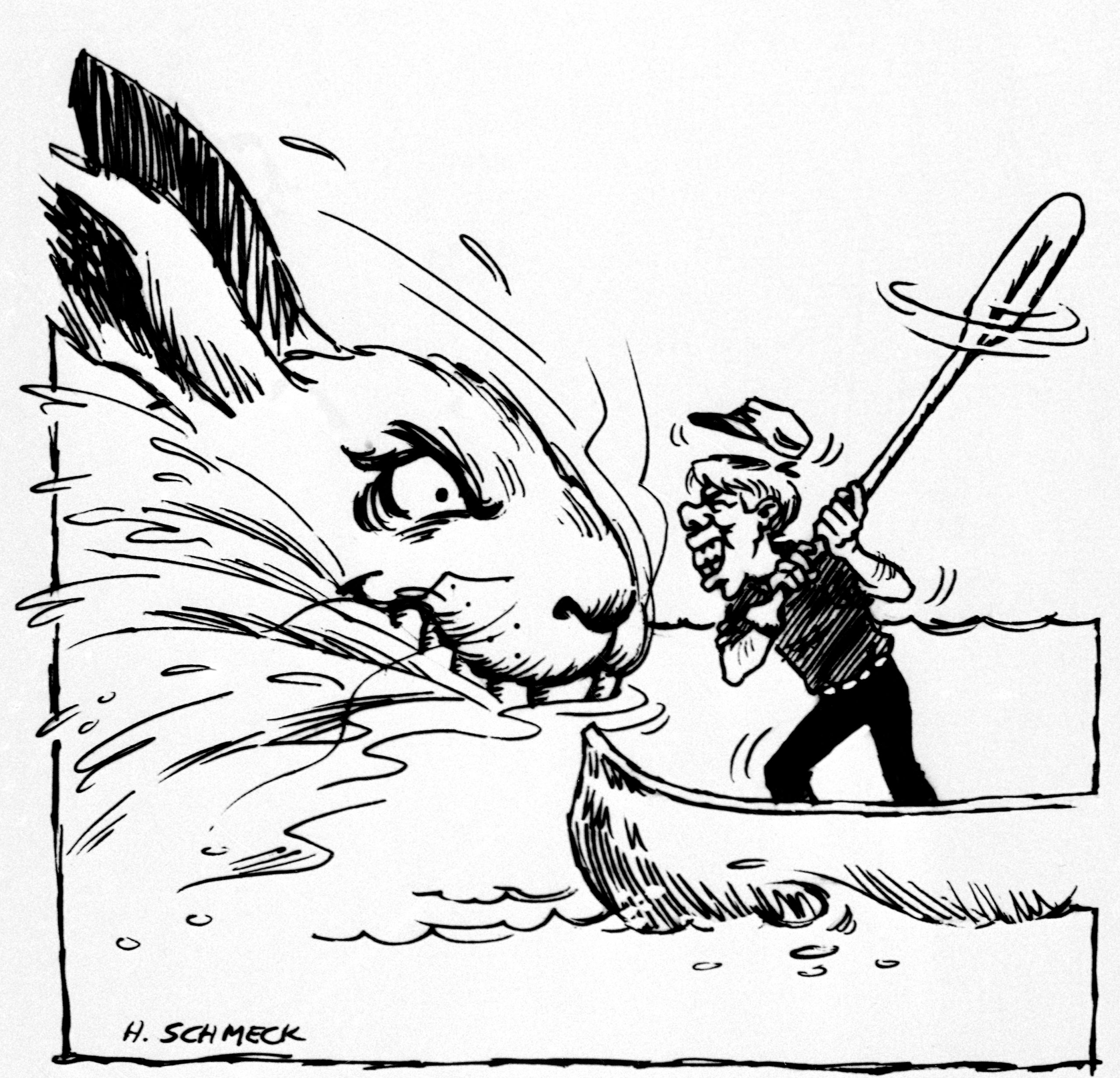 President Jimmy Carter wards off a killer rabbit attack with a canoe paddle in this cartoon depicting the president's encounter while he was on a fishing trip with an aggressive, swimming rabbit, shown Aug. 30, 1979.
