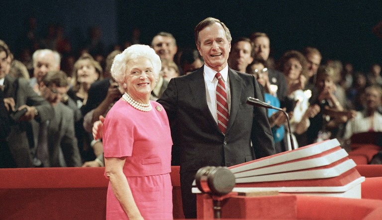 Republican Presidential Nominee George H. W. Bush, right, at the podium of the Republican National Convention with wife Barbara Bush, Thursday, Aug. 18, 1988, New Orleans, La. 
