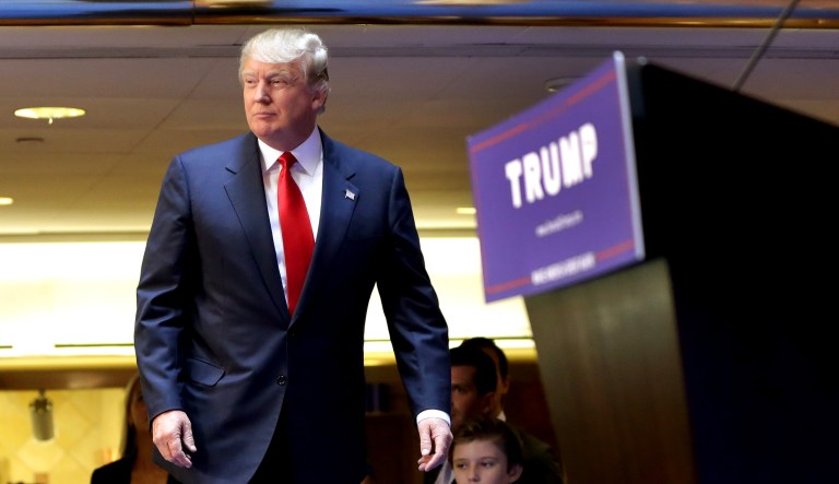 Developer Donald Trump takes the stage in the lobby of Trump Tower in New York on June 16, 2015. He announced that day that he would seek the Republican nomination for president.