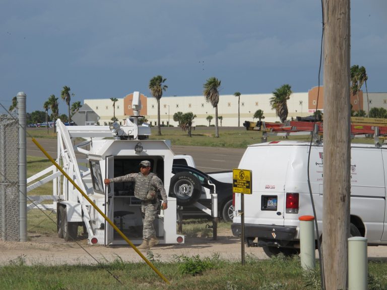 A Texas National Guardsman exits an observation tower in Hidalgo, Texas, on Thursday, Aug. 14, 2014. Several dozen soldiers in the Rio Grande Valley are the first of up to 1,000 called up by Gov. Rick Perry last month, Texas National Guard Master Sgt. Ken Walker of the Joint Counterdrug Task Force said Thursday. 