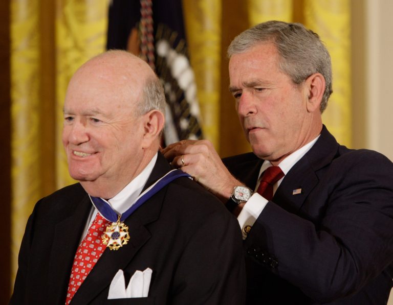 President George W. Bush places the Presidential Medal of Freedom on Judge Laurence Silberman.