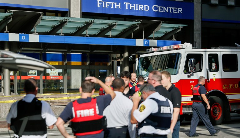 Emergency personnel and police respond to reports of an active shooter situation near Fountain Square in downtown Cincinnati. 