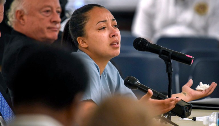 This May 23, 2018, file photo shows Cyntoia Brown appearing in court during her clemency hearing at the Tennessee Prison for Women in Nashville, Tenn.