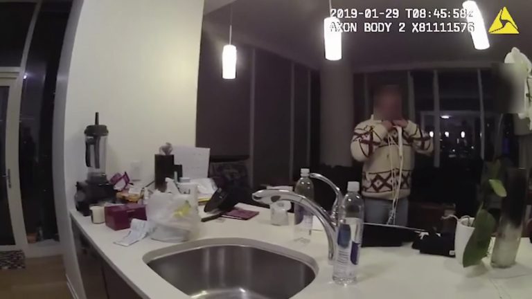 This Jan. 29, 2019, image made from police body cam video provided by the Chicago Police Department purports to show Jussie Smollett, with a white rope wrapped around his neck, talking with police officers in his apartment in Chicago.