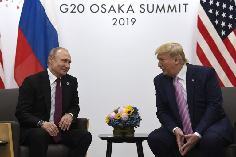 President Donald Trump, right, meets with Russian President Vladimir Putin, left, during a bilateral meeting on the sidelines of the G-20 summit in Osaka, Japan, Friday, June 28, 2019.