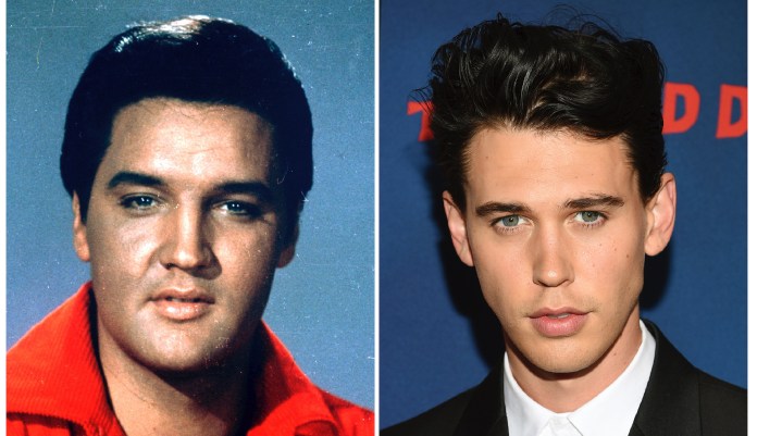 This combination photo shows singer-actor Elvis Presley in a 1964 photo, left, and actor Austin Butler at the premiere of "The Dead Don't Die" in New York on June 10, 2019. Butler has been cast to portray Presley in the upcoming biopic by director Baz Luhrmann. Production is to begin early next year. Tom Hanks co-stars as Presleyâs manager Colonel Tom Parker. 