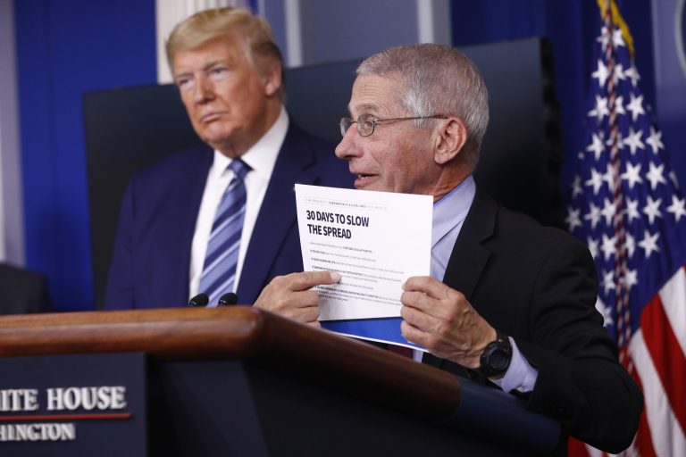 President Donald Trump listens as Director of the National Institute of Allergy and Infectious Diseases Dr. Anthony Fauci speaks during a coronavirus task force briefing at the White House, Sunday.