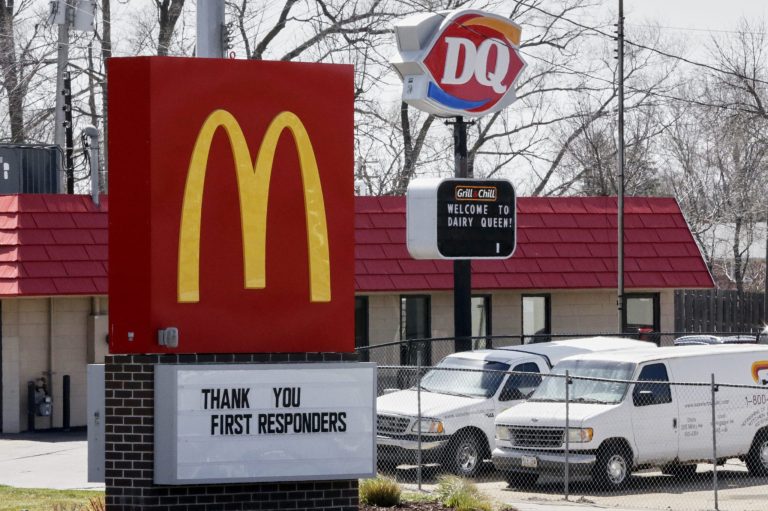 Dairy Queen and McDonalds fast food restaurants on the same block in Omaha, Neb., Wednesday, April 15, 2020. Two restaurants in Missouri have engaged in a 