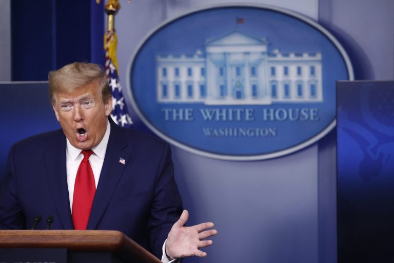 President Donald Trump speaks during a coronavirus task force briefing at the White House, Saturday.