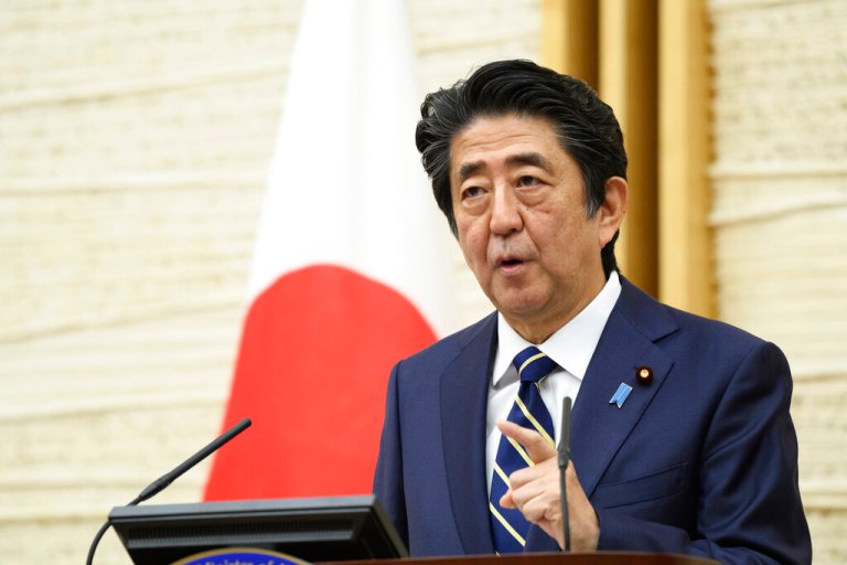 On May 14, 2020, Japanese Prime Minister Shinzo Abe speaks during a press conference in Tokyo.