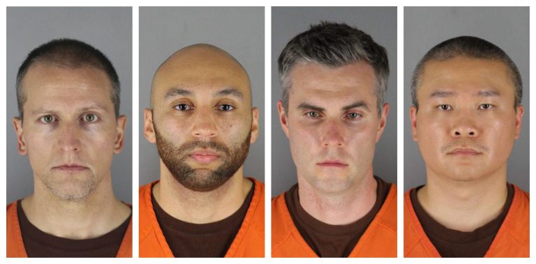 This combination of photos provided by the Hennepin County Sheriff's Office in Minnesota on Wednesday, June 3, 2020, shows Derek Chauvin, from left, J. Alexander Kueng, Thomas Lane and Tou Thao. Chauvin is charged with second-degree murder of George Floyd, a black man who died after being restrained by him and the other Minneapolis police officers on May 25. Kueng, Lane and Thao have been charged with aiding and abetting Chauvin.