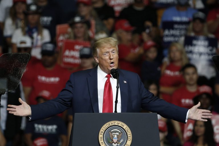 President Donald Trump speaks during a campaign rally in Tulsa, Okla., last month. His campaign is hoping to relaunch rallies in New Hampshire on Saturday.