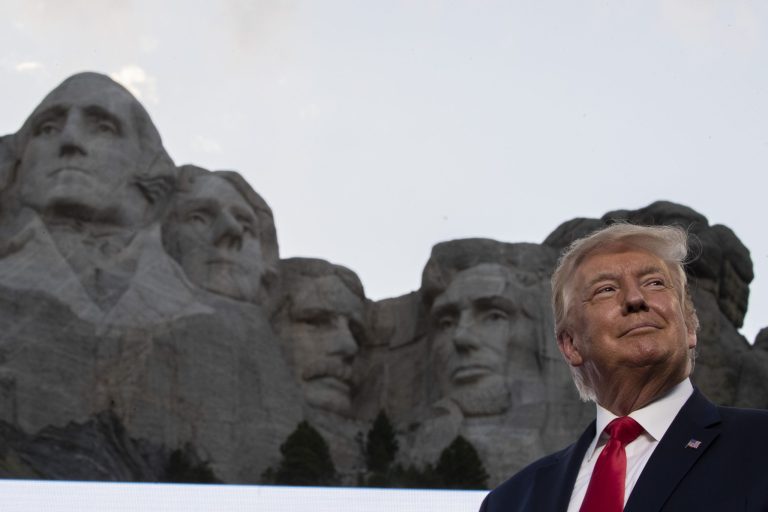 President Donald Trump smiles during a visit to Mount Rushmore National Memorial near Keystone, S.D., on Friday, July 3, 2020.