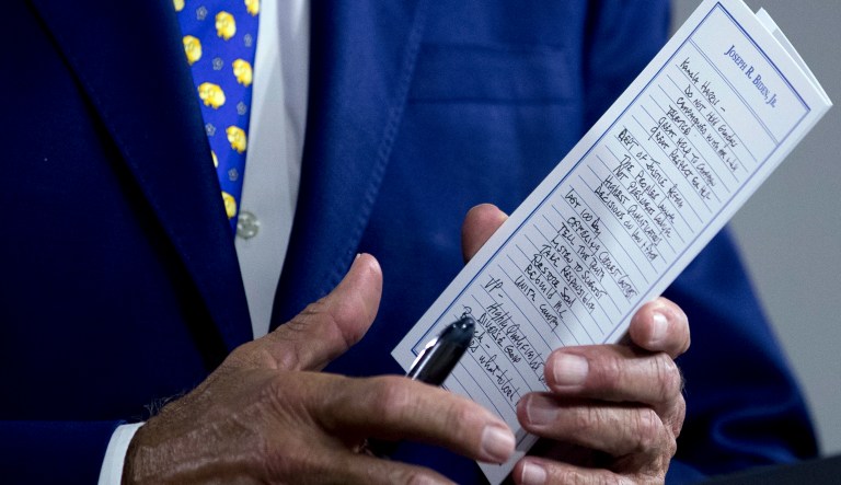 The notes of Democratic presidential candidate former Vice President Joe Biden reference Sen. Kamala Harris, D-Calif., among other things as he speaks at a campaign event at the William âHicksâ Anderson Community Center in Wilmington, Del., Tuesday.