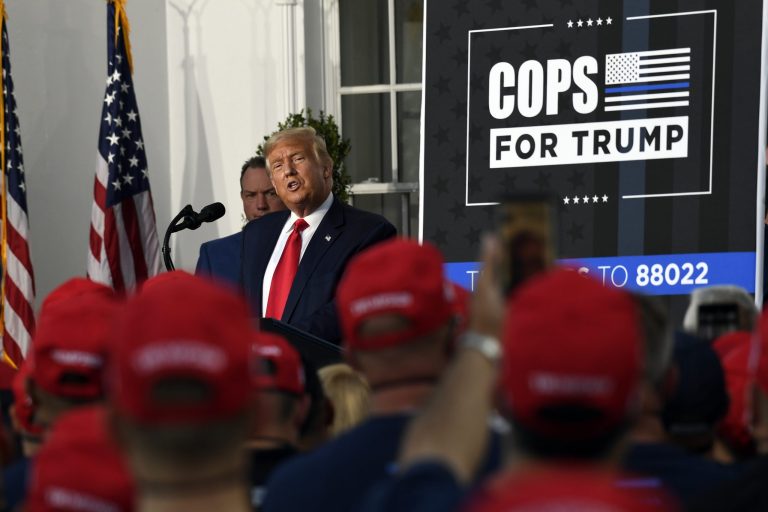 President Donald Trump speaks during an event Trump National Golf Club, Friday, Aug. 14, 2020, in Bedminster, N.J., with members of the City of New York Police Department Benevolent Association.