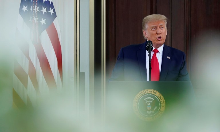 President Donald Trump speaks during a news conference on the North Portico of the White House, Monday, Sept. 7, 2020, in Washington.