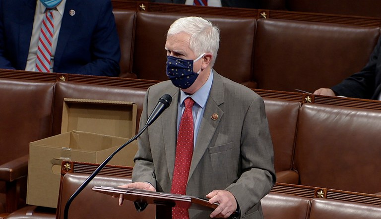 In this image from video, Rep. Mo Brooks, R-Ala., speaks as the House reconvenes to debate the objection to confirm the Electoral College vote from Arizona, after protesters stormed into the U.S. Capitol on Wednesday, Jan. 6, 2021.