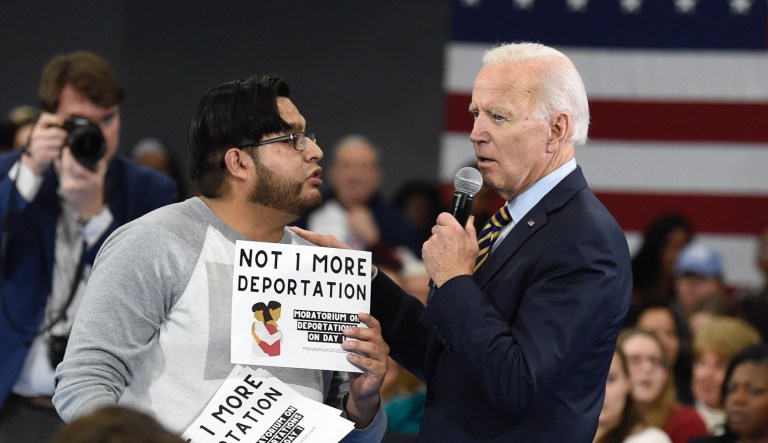 Democratic presidential hopeful Joe Biden talks with a protester objecting to his stance on deportations during a town hall at Lander University in Greenwood, S.C., on Thursday, Nov. 21, 2019. President Joe Biden's administration has deported hundreds of people in its first days in office despite the president's campaign pledge to halt most deportations at the beginning of his term. Itâs unclear how many of the people deported in recent days are considered national security or public safety threats or recently crossed the border illegally, as prescribed by new guidance issued by Bidenâs Department of Homeland Security to enforcement agencies. That guidance went into effect Monday, Feb. 1, 2021.