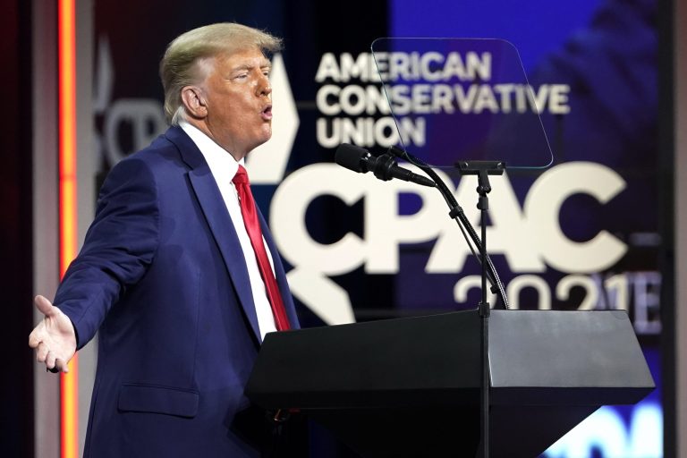 Former President Donald Trump speaks at the Conservative Political Action Conference (CPAC), Sunday, Feb. 28, 2021, in Orlando, Fla.