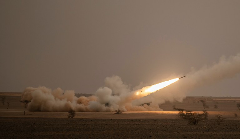 A launch truck fires the High Mobility Artillery Rocket System (HIMARS) at its intended target during the African Lion military exercise in Grier Labouihi complex, southern Morocco.