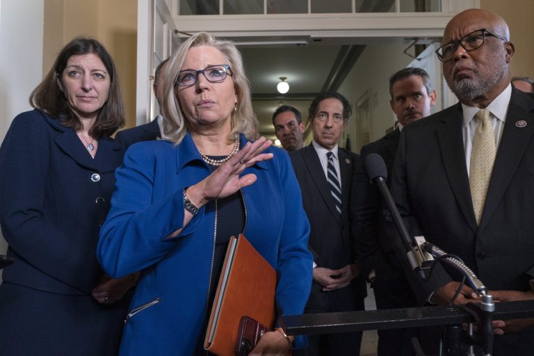 Rep. Liz Cheney, R-Wyo., speaks to the media, with from left, Rep. Elaine Luria, D-Va., Cheney, Rep. Pete Aguilar, D-Calif., Rep. Jamie Raskin, D-Md., Rep. Adam Kinzinger, R-Illi., and Chairman Rep. Bennie Thompson, D-Miss., after the first hearing of the House Select committee to investigate the January 6 attack on the U.S. Capitol, Tuesday, July 27, 2021, on Capitol Hill in Washington. 