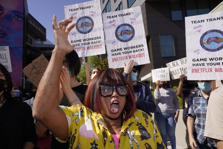 Producer Cheryl Rich joins protesters outside the Netflix building in the Hollywood section of Los Angeles on Oct. 20. Critics and supporters of Dave Chappelle's Netflix special gathered outside the company's offices. 