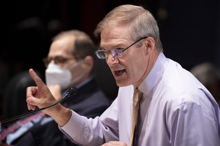 Rep. Jim Jordan, an Ohio Republican, speaks as Attorney General Merrick Garland appears before the House Judiciary Committee oversight hearing of the United States Department of Justice, Thursday, Oct. 21, 2021 on Capitol Hill in Washington. 