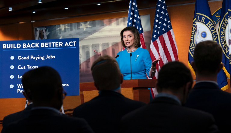 Speaker of the House Nancy Pelosi, D-Calif., talks to reporters about plans to pass President Joe Biden's domestic agenda as the House meets to debate the Build Back Better Act, at the Capitol in Washington, Thursday, Nov. 18, 2021.