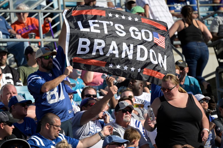 Indianapolis Colts fans display a Let's Go Brandon flag in the stands during the second half of an NFL football game against the Jacksonville Jaguars, Sunday, Jan. 9, 2022, in Jacksonville, Fla. 