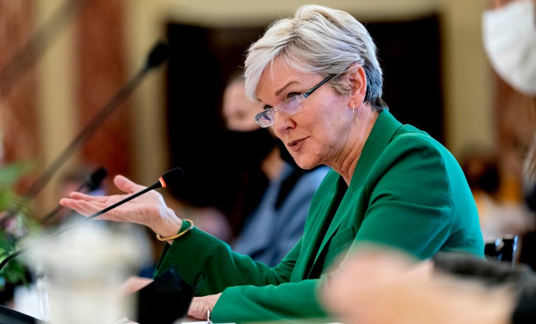 Energy Secretary Jennifer Granholm speaks during a meeting with Secretary of State Antony Blinken, European Union High Representative for Foreign Affairs and Security Policy Josep Borrell Fontelles, and European Commissioner for Energy Kadri Simson at the State Department in Washington, Monday, Feb. 7, 2022.