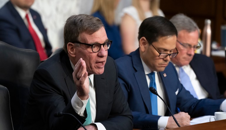 Senate Intelligence Committee Chairman Mark Warner, D-Va., left, and Sen. Marco Rubio, R-Fla., the ranking member, hold a hearing on worldwide threats as Russia continues to attack Ukraine, at the Capitol in Washington, Thursday, March 10, 2022.