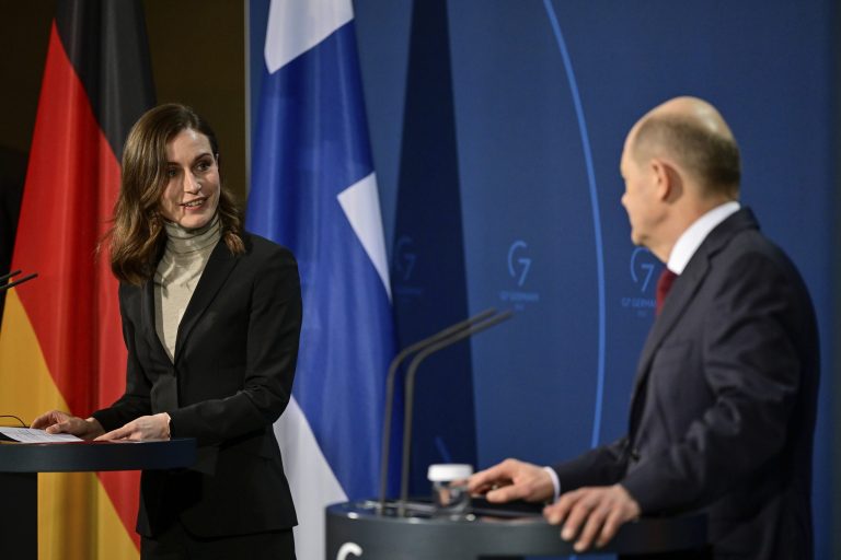 German Chancellor Olaf Scholz, right, and Finland's Prime Minister Sanna Marin attend a press conference before talks at the Chancellery in Berlin, Wednesday March 16, 2022. 