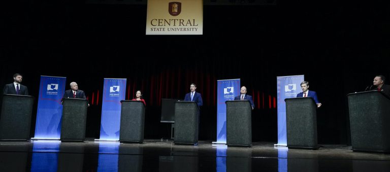 The candidates stand onstage during the closing remarks of Ohioâs Senate Republican primary debate on Mar. 28, 2022, at Central State University in Wilberforce, Ohio. 