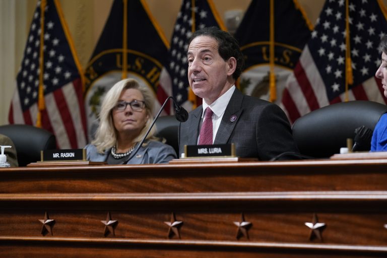 Vice Chair Liz Cheney, R-Wyo., listens at left as Rep. Jamie Raskin, D-Md., speaks.