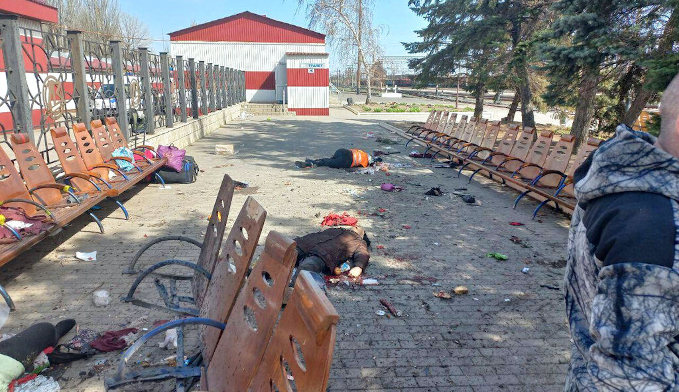 Bodies lie on the platform of the railway station in Kramatorsk, Ukraine.