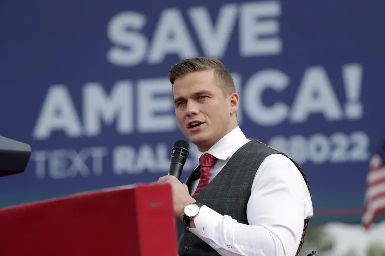 U.S. Rep. Madison Cawthorn, R-N.C., speaks before former President Donald Trump takes the stage at a rally, Saturday, April 9, 2022, in Selma, North Carolina.