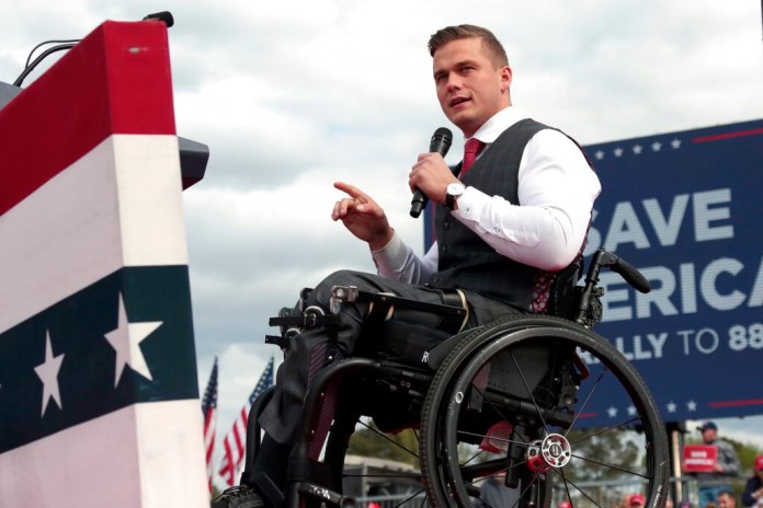 Rep. Madison Cawthorn (R-NC) said in a video statement on May 4, 2022, that he hasn't closed his district congressional offices. (AP Photo/Chris Seward)