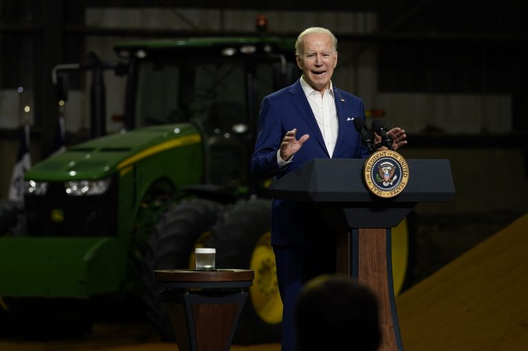 President Joe Biden speaks at POET Bioprocessing in Menlo, Iowa, Tuesday, April 12, 2022. 