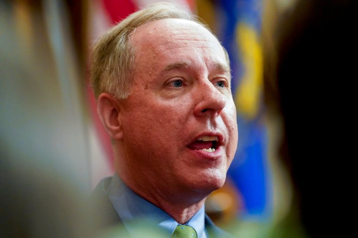 Wisconsin Assembly Speaker Robin Vos is seen in Madison, Wisconsin, on Feb. 15, 2022. Vos has vowed to investigate whether Janet Protasiewicz, the state's newest high court judge, should be impeached for taking money from the Democratic Party.