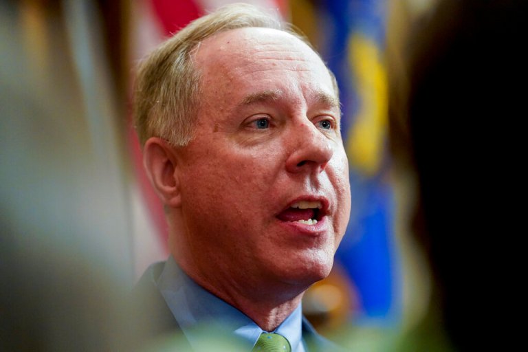 Wisconsin Assembly Speaker Robin Vos is seen in Madison, Wisconsin, on Feb. 15, 2022. Vos has vowed to investigate whether Janet Protasiewicz, the state's newest high court judge, should be impeached for taking money from the Democratic Party.