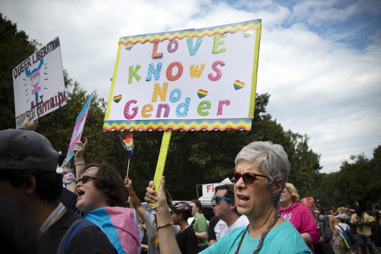 Barbara Dale, from Atlanta, mother of a transgender child, waves sign reading 