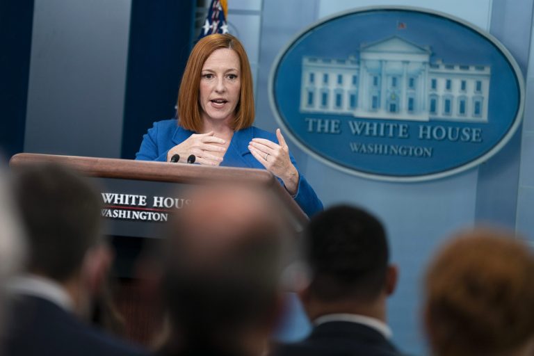 White House press secretary Jen Psaki speaks during a press briefing at the White House, Wednesday, April 20, 2022, in Washington.