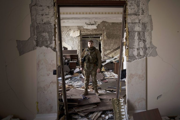 Azov battalion Kraken unit commander Konstantin Nemichev stands inside the regional administration building, heavily damaged after a Russian attack last month, in Kharkiv, Ukraine, on April 21.