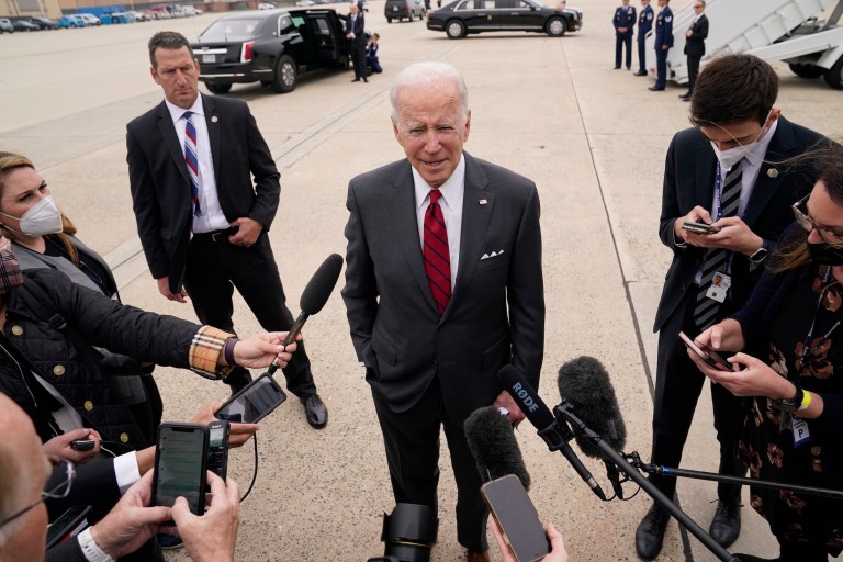 President Joe Biden speaks to the media before boarding Air Force One for a trip to Alabama to visit a Lockheed Martin plant, Tuesday, May 3, 2022, in Andrews Air Force Base, Md.