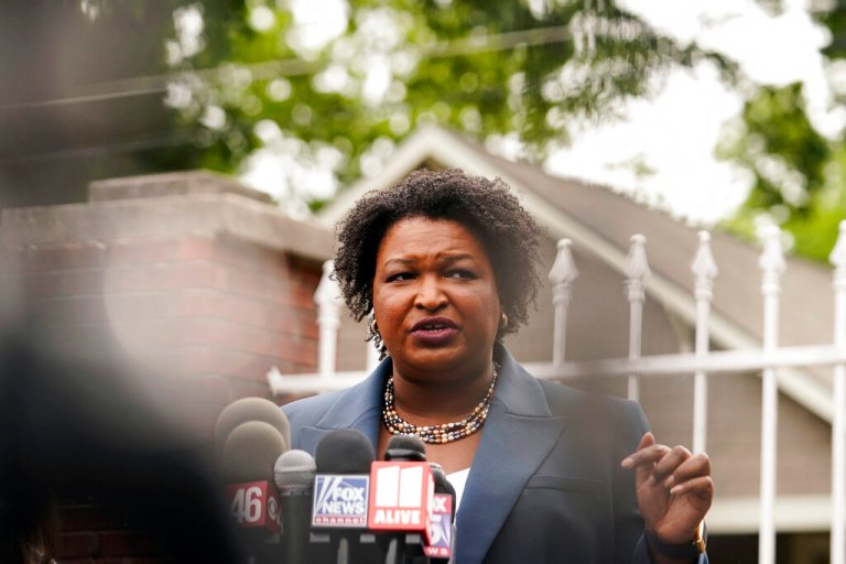 Georgia Democratic gubernatorial candidate Stacey Abrams talks to the media in Atlanta.